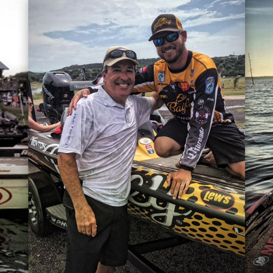 Angler and a marshal smiling in a bass boat